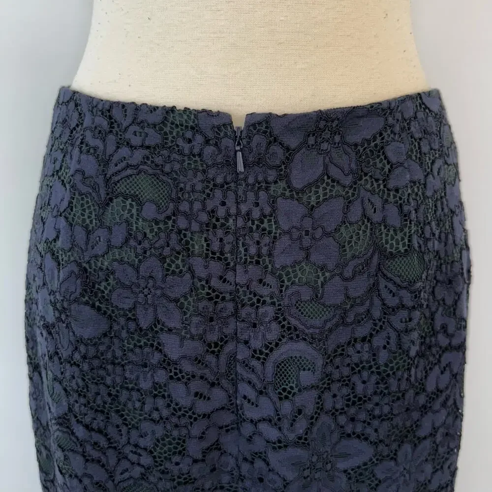 Tory Burch Lace Skirt Knee-Length Navy Blue Green Floral Size 10